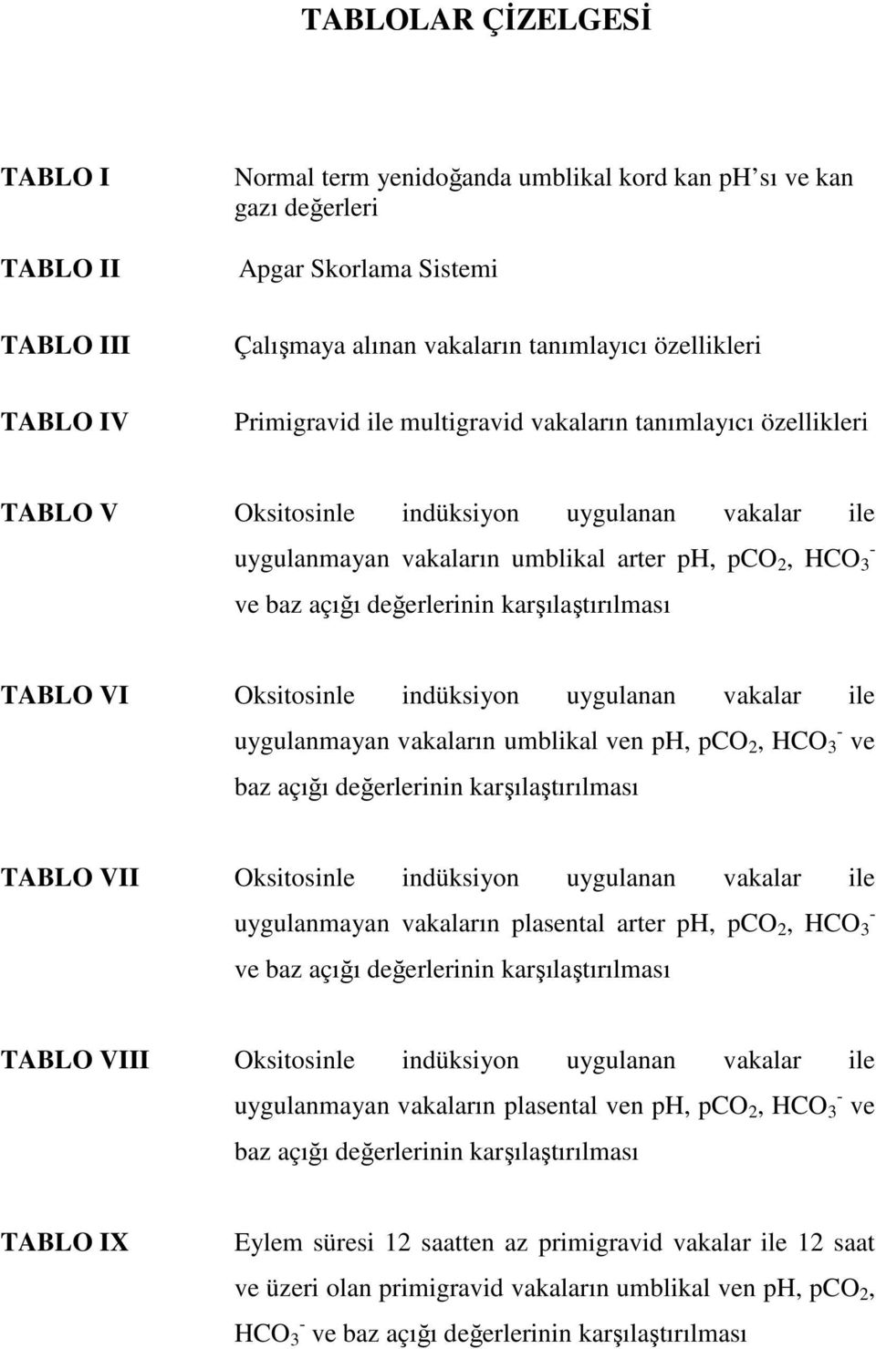 karşılaştırılması TABLO VI Oksitosinle indüksiyon uygulanan vakalar ile uygulanmayan vakaların umblikal ven ph, pco 2, HCO 3 - ve baz açığı değerlerinin karşılaştırılması TABLO VII Oksitosinle
