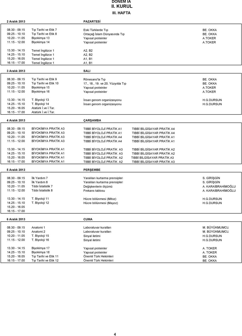 15 Tıp Tarihi ve Etik 9 Rönesans'ta Tıp BE. OKKA 09.25-10.10 Tıp Tarihi ve Etik 10 17., 18., 19. ve 20. Yüzyılda Tıp BE. OKKA 10.20-11.05 Biyokimya 15 Yapısal proteinler A.TOKER 11.15-12.