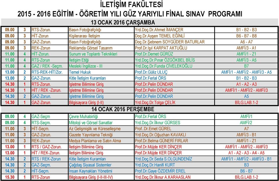 00 4 RTS-Zorun İletişim Etiği Yrd.Doç.Dr.Pınar ÖZGÖKBEL BİLİS AMFİ/3 - A5 11.00 4 GAZ / REK -Seçm. Mesleki İngilizce - III Yrd.Doç.Dr.Funda CİVELEKOĞLU B7 13.00 2 RTS-REK-HİT/Zor. Temel Hukuk Prof.Dr.Güliz ULUÇ AMFİ/1 - AMFİ/2 - AMFİ/3 - A5 13.