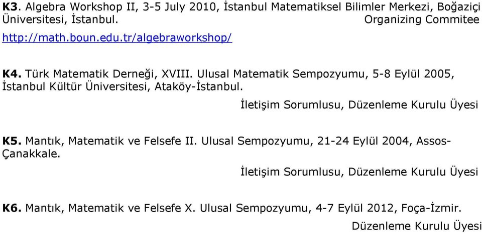 Ulusal Matematik Sempozyumu, 5-8 Eylül 2005, İstanbul Kültür Üniversitesi, Ataköy-İstanbul. İletişim Sorumlusu, Düzenleme Kurulu Üyesi K5.