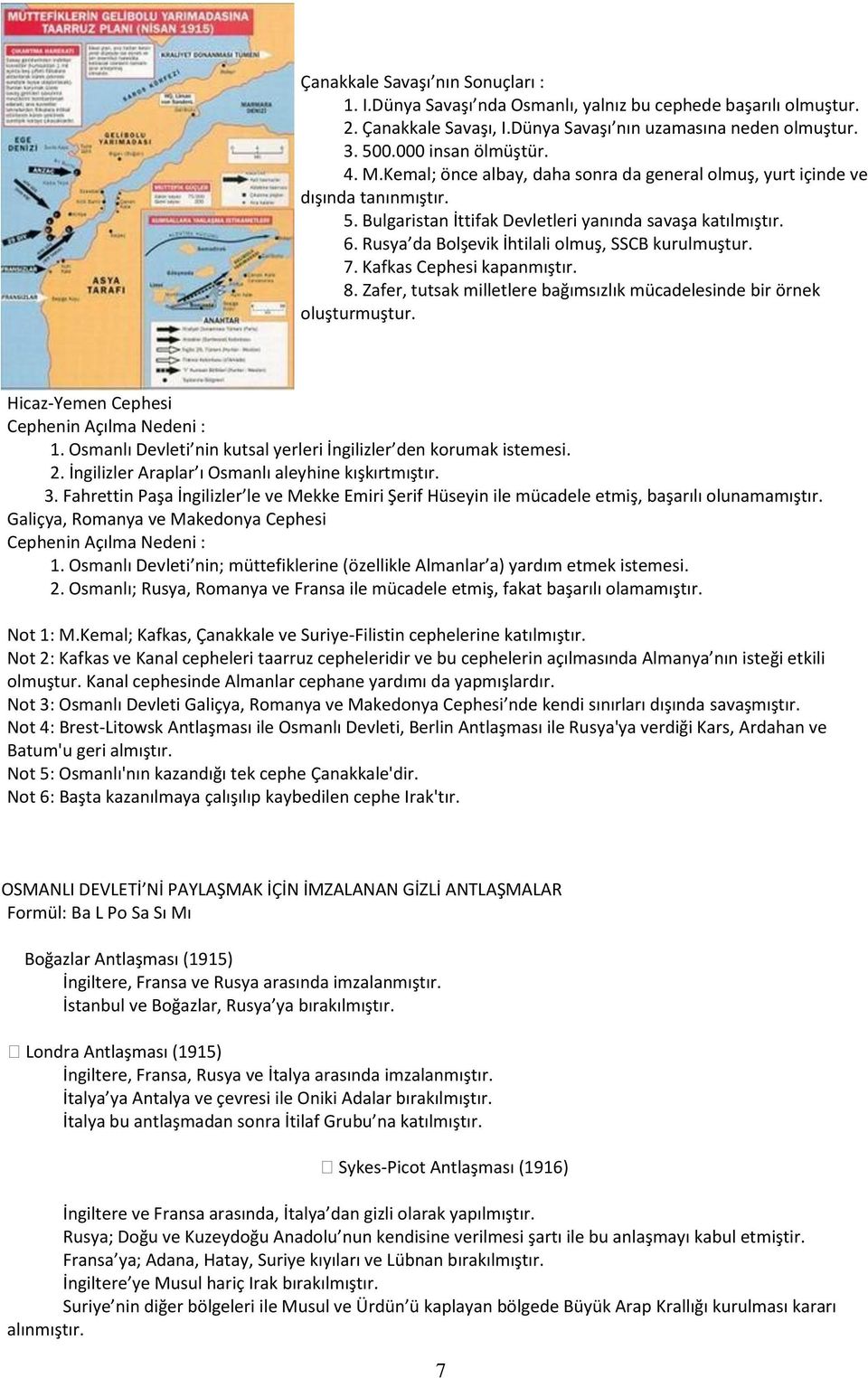 7. Kafkas Cephesi kapanmıştır. 8. Zafer, tutsak milletlere bağımsızlık mücadelesinde bir örnek oluşturmuştur. Hicaz-Yemen Cephesi Cephenin Açılma Nedeni : 1.