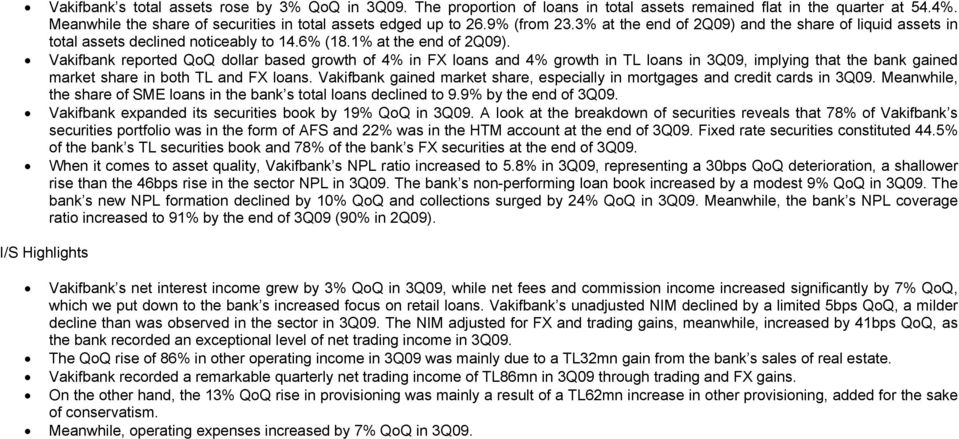 Vakifbank reported QoQ dollar based growth of 4% in FX loans and 4% growth in TL loans in 3Q09, implying that the bank gained market share in both TL and FX loans.