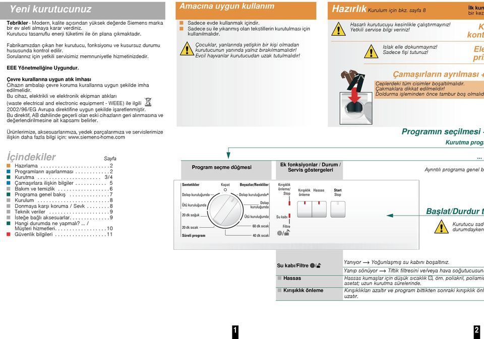 Hasarlı kurutucuyu kesinlikle çalıtırmayınız! Yetkili servise bilgi veriniz! Ku kontr Fabrikamızdan çıkan her kurutucu, fonksiyonu ve kusursuz durumu hususunda kontrol edilir.