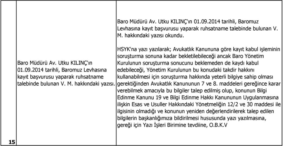 Utku KILINÇ'ın Kurulunun soruşturma sonucunu beklemeden de kaydı kabul 01.09.