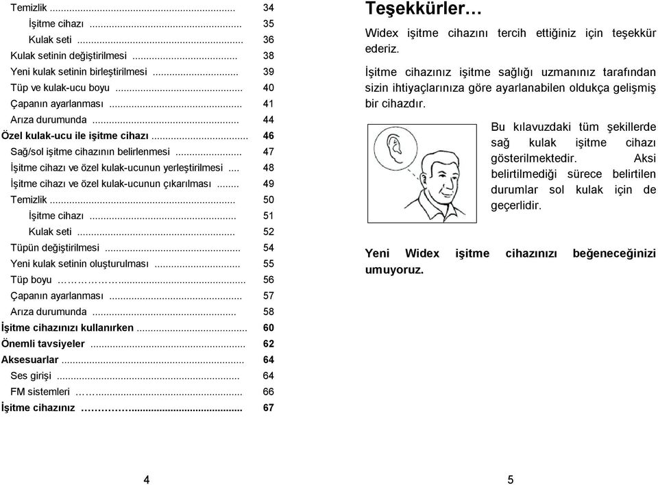 .. 50 itme cihazı... 51 Kulak seti... 52 Tüpün deitirilmesi... 54 Yeni kulak setinin oluturulması... 55 Tüp boyu... 56 Çapanın ayarlanması... 57 Arıza durumunda... 58 itme cihazınızı kullanırken.