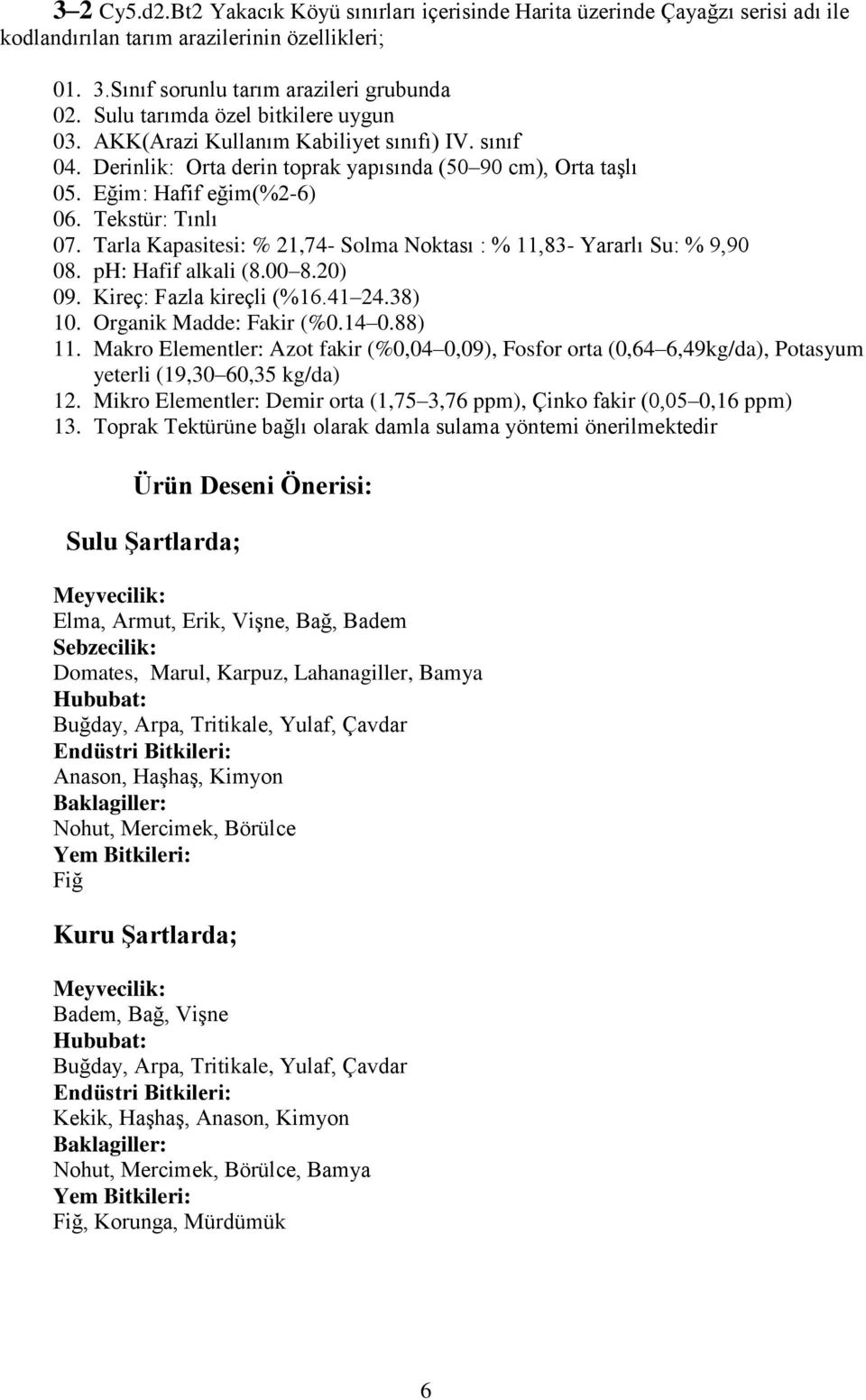 Tarla Kapasitesi: % 21,74- Solma Noktası : % 11,83- Yararlı Su: % 9,90 08. ph: Hafif alkali (8.00 8.20) 09. Kireç: Fazla kireçli (%16.41 24.38) 10. Organik Madde: Fakir (%0.14 0.88) 11.