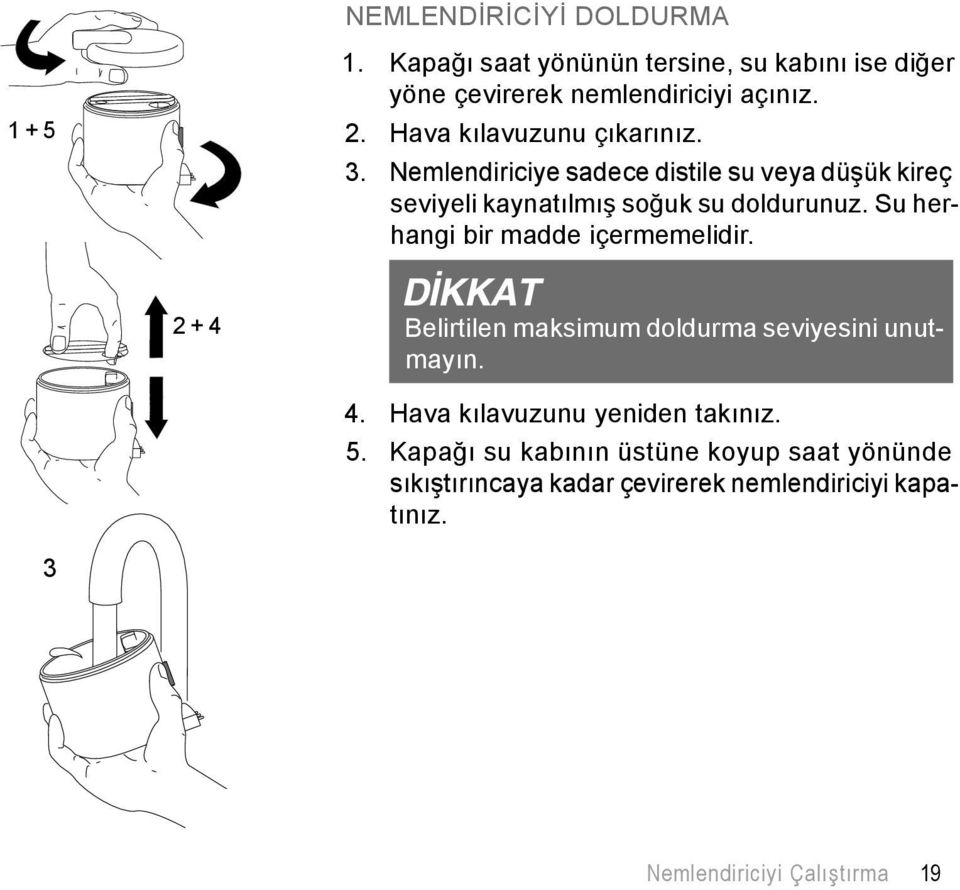 Su herhangi bir madde içermemelidir. 2 + 4 Belirtilen maksimum doldurma seviyesini unutmayın. 4. Hava kılavuzunu yeniden takınız.