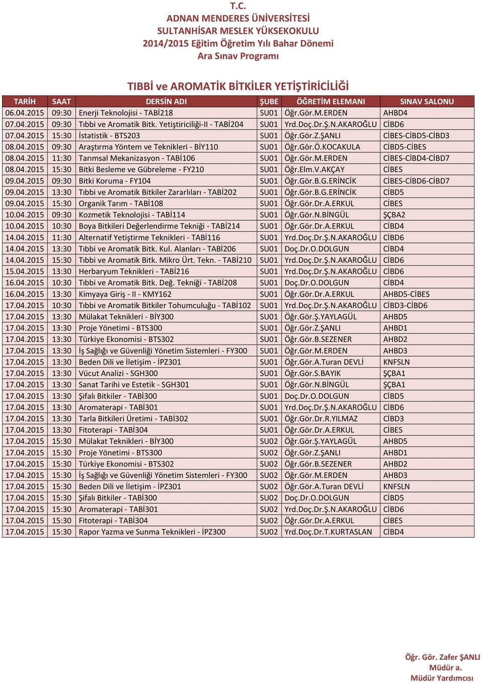 Gör.B.G.ERİNCİK CİBES-CİBD6-CİBD7 09.04.2015 13:30 Tıbbi ve Aromatik Bitkiler Zararlıları - TABİ202 SU01 Öğr.Gör.B.G.ERİNCİK CİBD5 09.04.2015 15:30 Organik Tarım - TABİ108 SU01 Öğr.Gör.Dr.A.ERKUL CİBES 10.