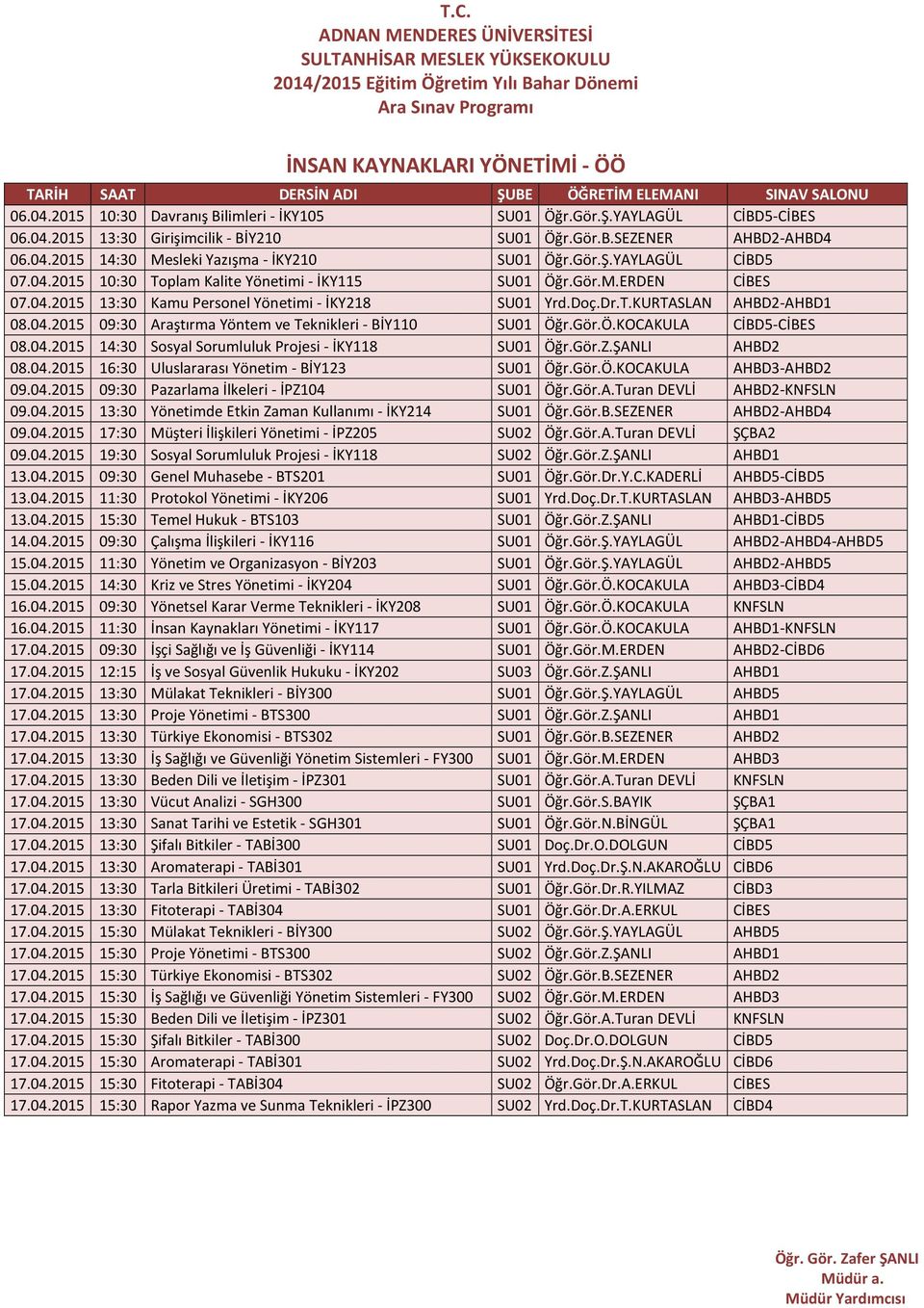 Gör.Ö.KOCAKULA AHBD3-AHBD2 09.04.2015 09:30 Pazarlama İlkeleri - İPZ104 SU01 Öğr.Gör.A.Turan DEVLİ AHBD2-KNFSLN 09.04.2015 13:30 Yönetimde Etkin Zaman Kullanımı - İKY214 SU01 Öğr.Gör.B.SEZENER AHBD2-AHBD4 09.