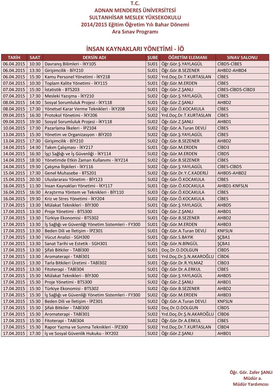 Gör.Ö.KOCAKULA CİBES 09.04.2015 16:30 Protokol Yönetimi - İKY206 SU02 Yrd.Doç.Dr.T.KURTASLAN CİBES 09.04.2015 19:30 Sosyal Sorumluluk Projesi - İKY118 SU02 Öğr.Gör.Z.ŞANLI AHBD1 10.04.2015 17:30 Pazarlama İlkeleri - İPZ104 SU02 Öğr.