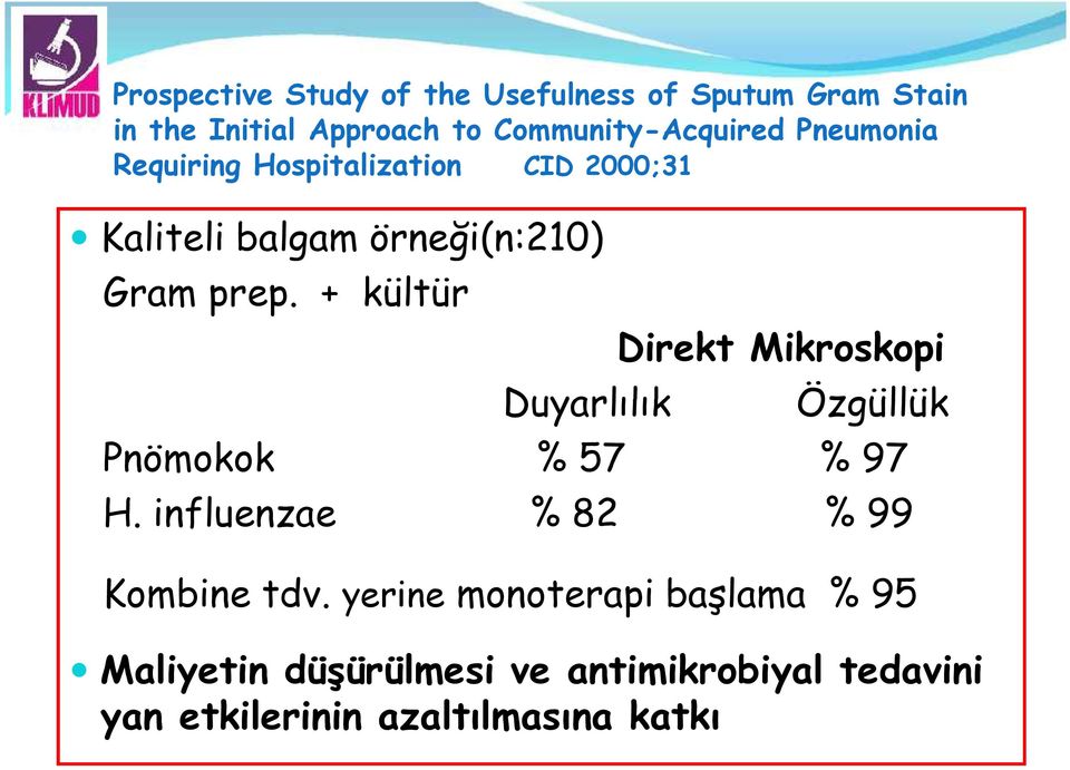 + kültür Duyarlılık Direkt Mikroskopi Özgüllük Pnömokok % 57 % 97 H. influenzae % 82 % 99 Kombine tdv.