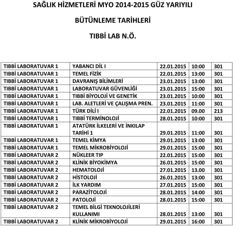 00 213 TIBBİ LABORATUVAR 1 TIBBİ TERMİNOLOJİ 28.01.2015 10:00 301 TIBBİ LABORATUVAR 1 ATATÜRK İLKELERİ VE İNKILAP TARİHİ 1 29.01.2015 11:00 301 TIBBİ LABORATUVAR 1 TEMEL KİMYA 29.01.2015 13:00 301 TIBBİ LABORATUVAR 1 TEMEL MİKROBİYOLOJİ 29.