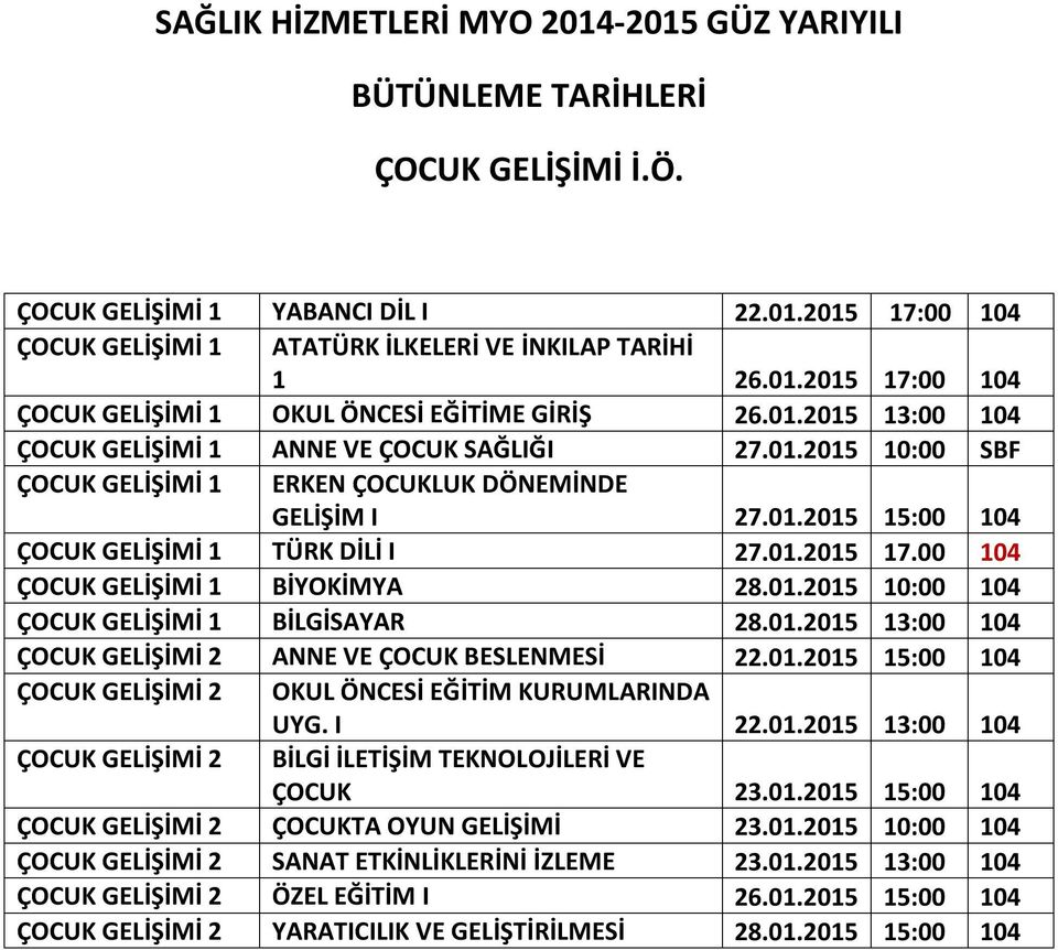 01.2015 13:00 104 ÇOCUK GELİŞİMİ 2 ANNE VE ÇOCUK BESLENMESİ 22.01.2015 15:00 104 ÇOCUK GELİŞİMİ 2 OKUL ÖNCESİ EĞİTİM KURUMLARINDA ÇOCUK GELİŞİMİ 2 UYG. I 22.01.2015 13:00 104 BİLGİ İLETİŞİM TEKNOLOJİLERİ VE ÇOCUK 23.