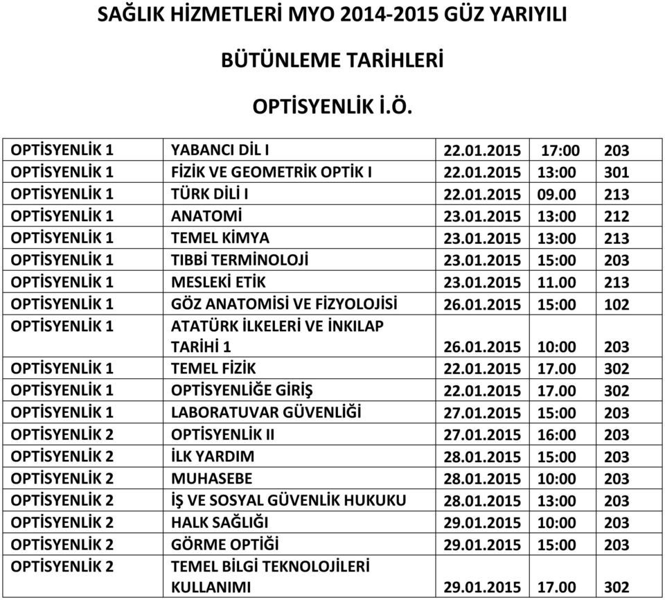 00 213 OPTİSYENLİK 1 GÖZ ANATOMİSİ VE FİZYOLOJİSİ 26.01.2015 15:00 102 OPTİSYENLİK 1 ATATÜRK İLKELERİ VE İNKILAP TARİHİ 1 26.01.2015 10:00 203 OPTİSYENLİK 1 TEMEL FİZİK 22.01.2015 17.