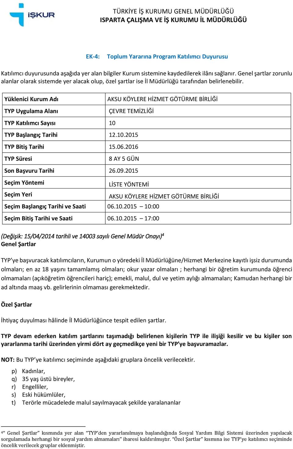 2015 10:00 Seçim Bitiş Tarihi 2015 17:00 AKSU KÖYLERE HİZMET GÖTÜRME BİRLİĞİ (Değişik: 15/04/2014 tarihli ve 14003 sayılı Genel Müdür Onayı) 4 p)