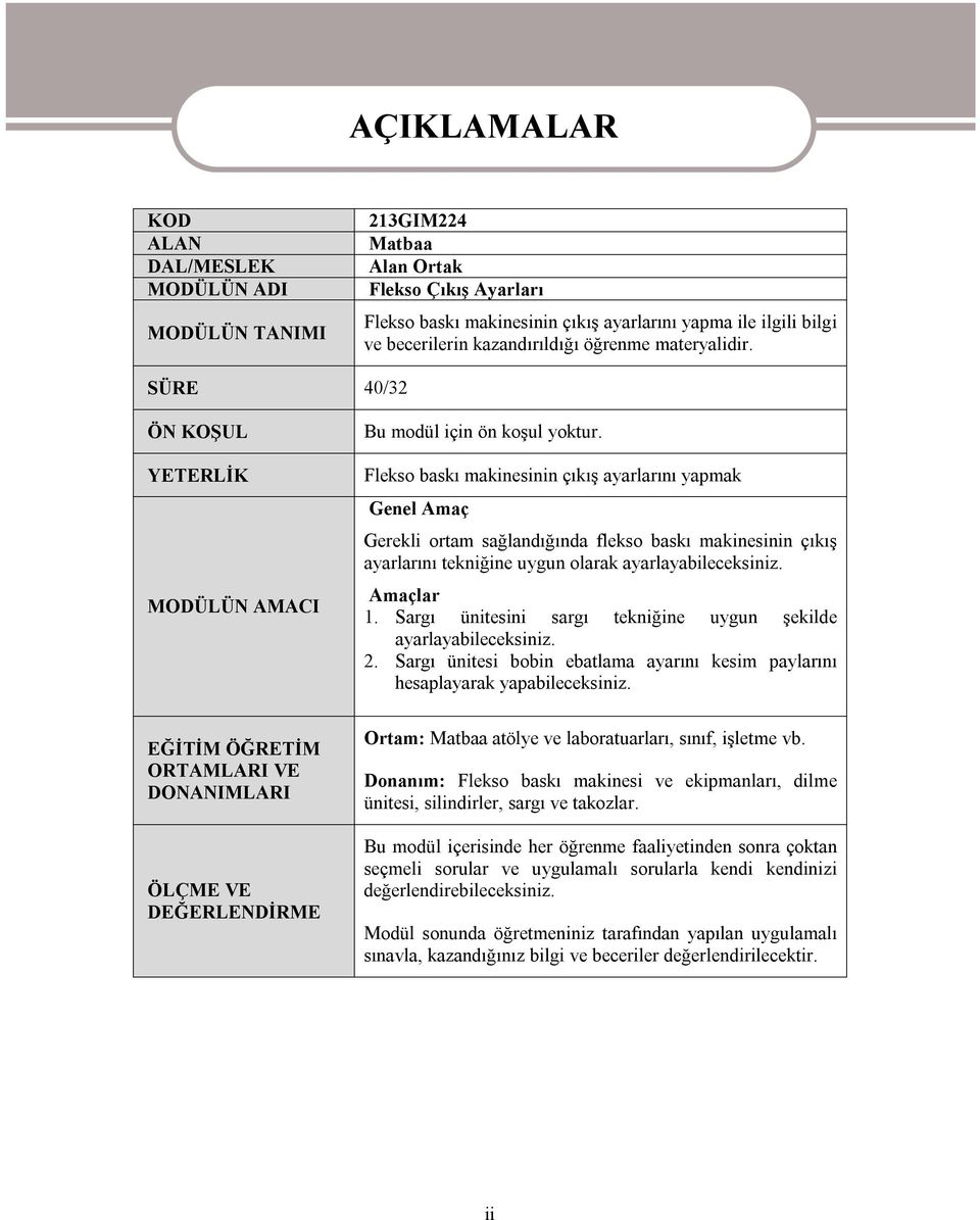 Flekso baskı makinesinin çıkış ayarlarını yapmak Genel Amaç Gerekli ortam sağlandığında flekso baskı makinesinin çıkış ayarlarını tekniğine uygun olarak ayarlayabileceksiniz. Amaçlar 1.