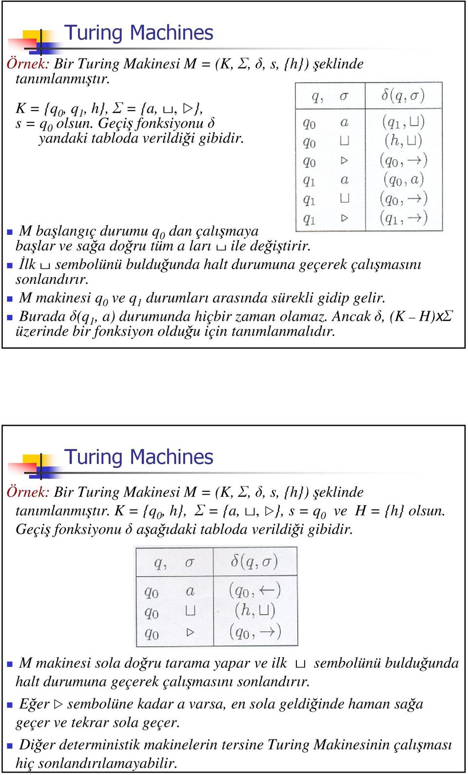 M makinesi q 0 ve q 1 durumları arasında sürekli gidip gelir. Burada (q 1, a) durumunda hiçbir zaman olamaz. Ancak, (K H)x üzerinde bir fonksiyon olduu için tanımlanmalıdır.