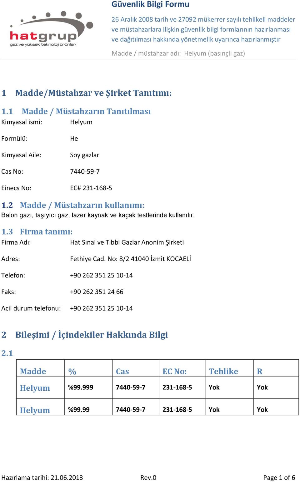 2 Madde / Müstahzarın kullanımı: Balon gazı, taşıyıcı gaz, lazer kaynak ve kaçak testlerinde kullanılır. 1.