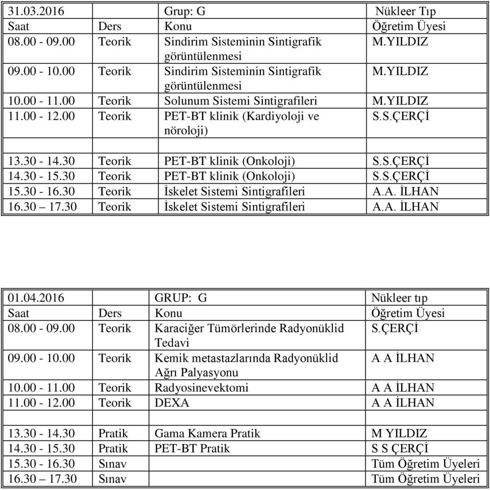 30 Teorik PET-BT klinik (Onkoloji) S.S.ÇERÇİ 15.30-16.30 Teorik İskelet Sistemi Sintigrafileri A.A. İLHAN 16.30 17.30 Teorik İskelet Sistemi Sintigrafileri A.A. İLHAN 01.04.