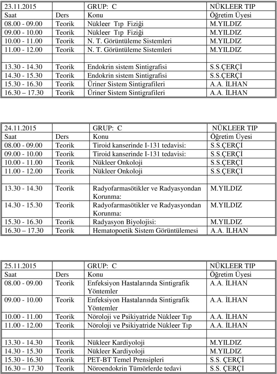 30 Teorik Üriner Sistem Sintigrafileri A.A. İLHAN 16.30 17.30 Teorik Üriner Sistem Sintigrafileri A.A. İLHAN 24.11.2015 GRUP: C NÜKLEER TIP 08.00-09.00 Teorik Tiroid kanserinde I-131 tedavisi: S.S.ÇERÇİ 09.