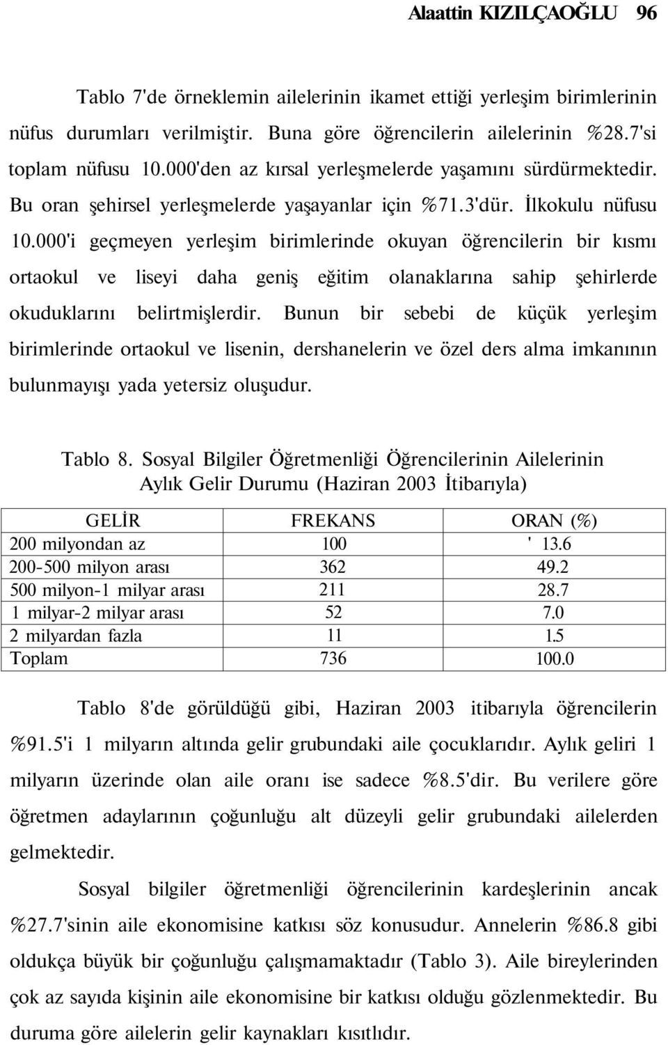 000'i geçmeyen yerleşim birimlerinde okuyan öğrencilerin bir kısmı ortaokul ve liseyi daha geniş eğitim olanaklarına sahip şehirlerde okuduklarını belirtmişlerdir.