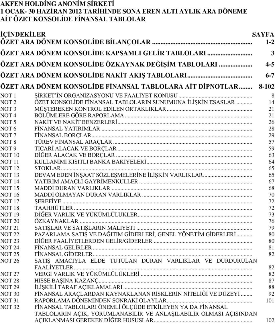 .. 6-7 ÖZET ARA DÖNEM KONSOLİDE FİNANSAL TABLOLARA AİT DİPNOTLAR... 8-102 NOT 1 ŞİRKET İN ORGANİZASYONU VE FAALİYET KONUSU... 8 NOT 2 ÖZET KONSOLİDE FİNANSAL TABLOLARIN SUNUMUNA İLİŞKİN ESASLAR.