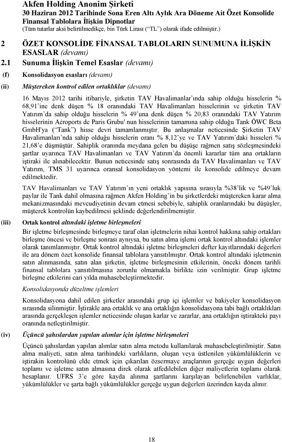 ında sahip olduğu hisselerin % 68,91 ine denk düşen % 18 oranındaki TAV Havalimanları hisselerinin ve şirketin TAV Yatırım da sahip olduğu hisselerin % 49 una denk düşen % 20,83 oranındaki TAV