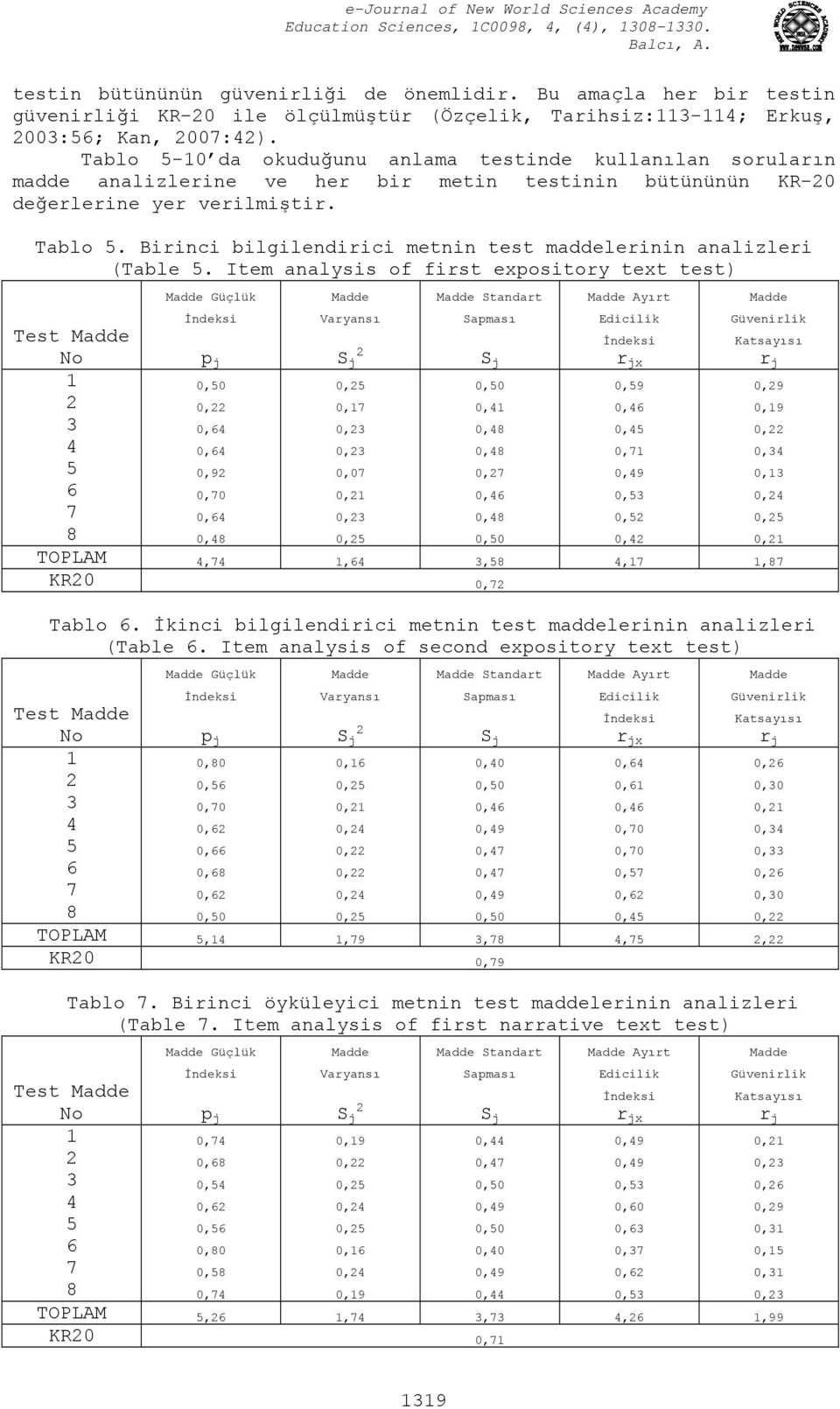 Birinci bilgilendirici metnin test maddelerinin analizleri (Table 5.
