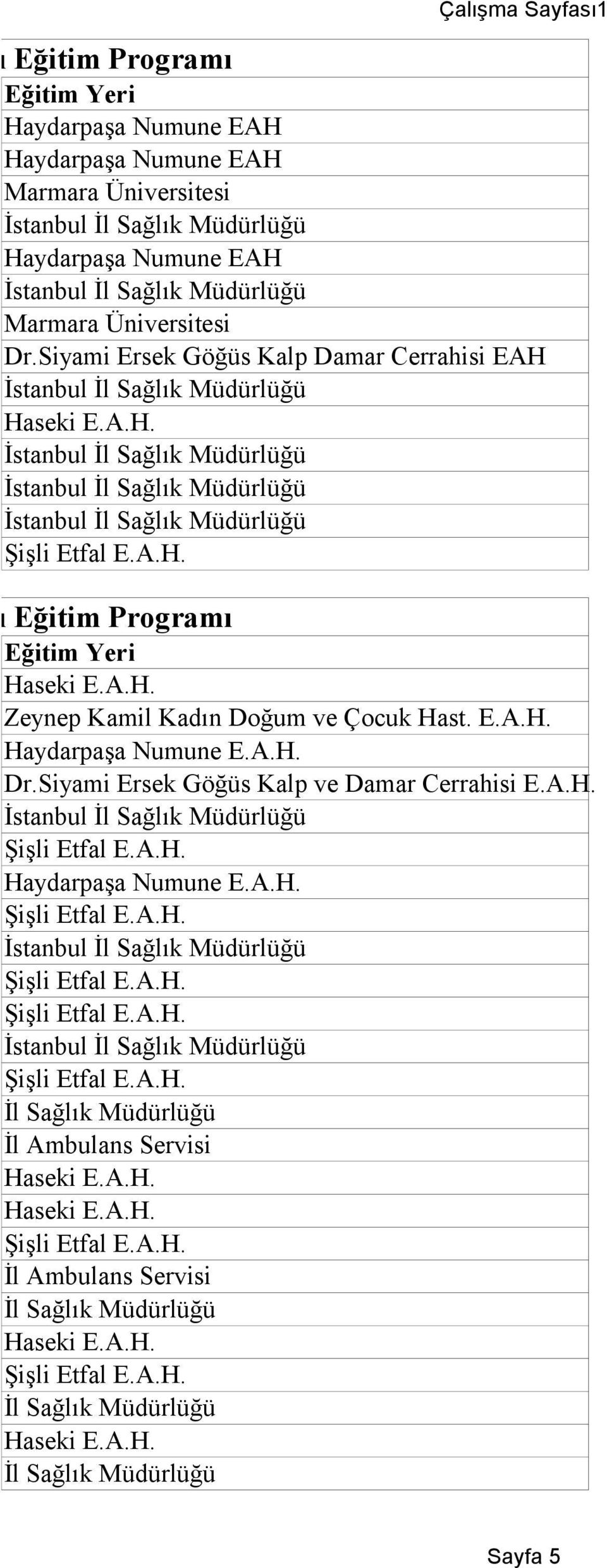 Siyami Ersek Göğüs Kalp Damar Cerrahisi EAH 2007 Yılı Eğitim Programı Eğitim Yeri Zeynep Kamil