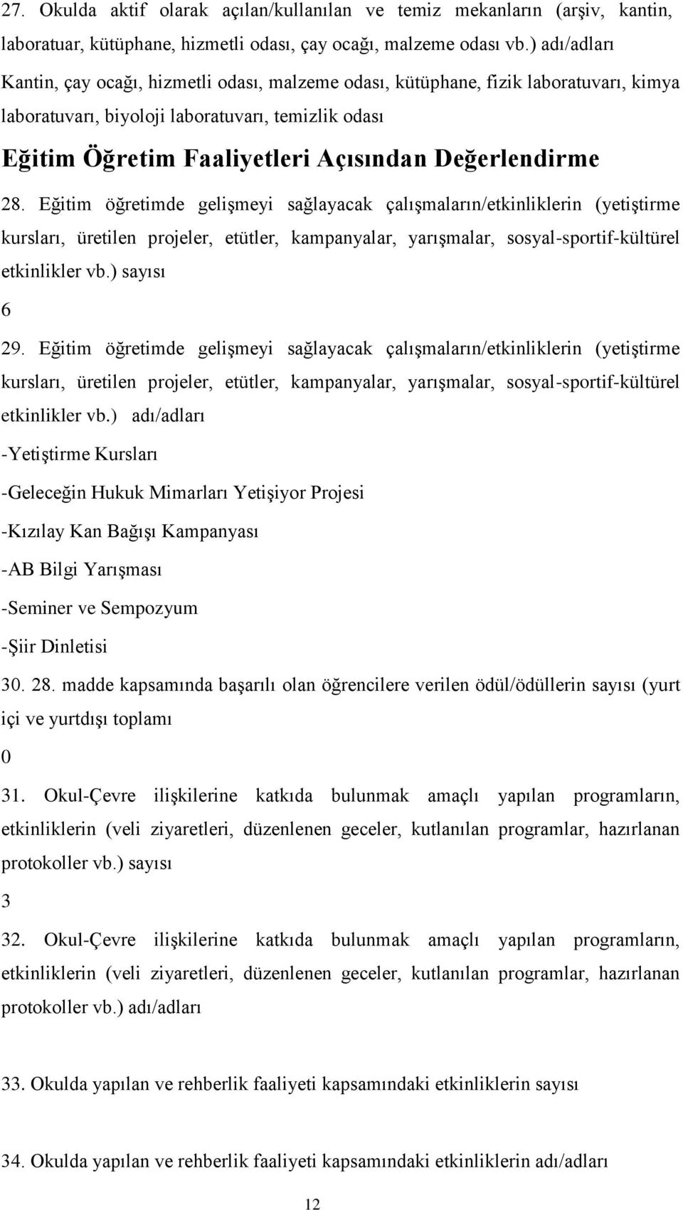 Değerlendirme 28. Eğitim öğretimde gelişmeyi sağlayacak çalışmaların/etkinliklerin (yetiştirme kursları, üretilen projeler, etütler, kampanyalar, yarışmalar, sosyal-sportif-kültürel etkinlikler vb.