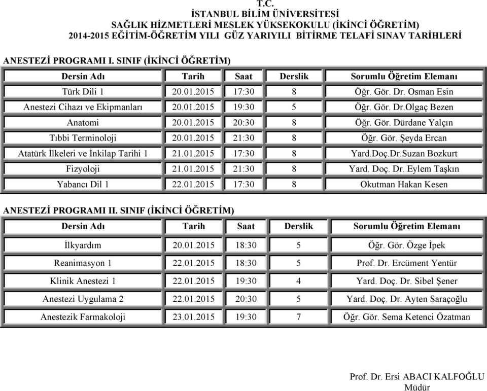 Doç. Dr. Eylem Taşkın ANESTEZİ PROGRAMI II. SINIF (İKİNCİ ÖĞRETİM) İlkyardım 20.01.2015 18:30 5 Öğr. Gör. Özge İpek Reanimasyon 1 22.01.2015 18:30 5 Prof. Dr. Ercüment Yentür Klinik Anestezi 1 22.