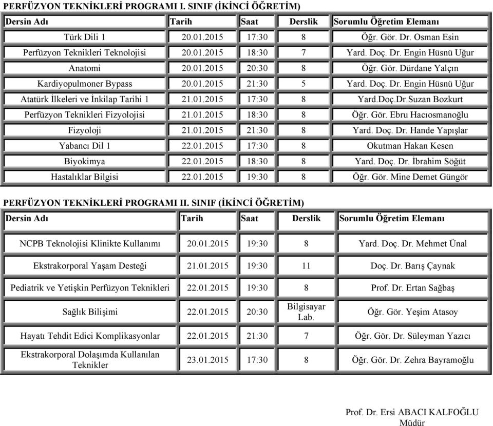 Gör. Mine Demet Güngör PERFÜZYON TEKNİKLERİ PROGRAMI II. SINIF (İKİNCİ ÖĞRETİM) NCPB Teknolojisi Klinikte Kullanımı 20.01.2015 19:30 8 Yard. Doç. Dr. Mehmet Ünal Ekstrakorporal Yaşam Desteği 21.01.2015 19:30 11 Doç.