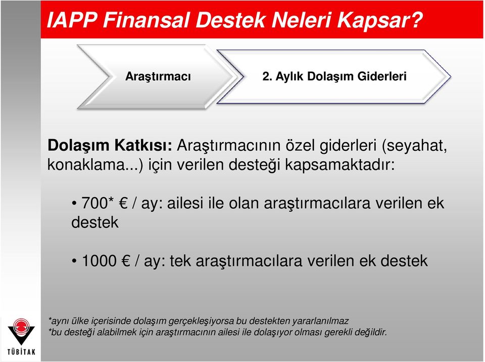 ..) için verilen desteği kapsamaktadır: 700* / ay: ailesi ile olan araştırmacılara verilen ek destek 1000 / ay: