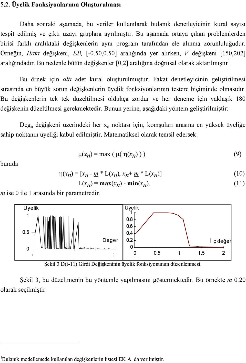 5] aralığında yer alırken, V değişkeni [5,22] aralığındadır. Bu nedenle bütün değişkenler [,2] aralığına doğrusal olarak aktarılmıştır. Bu örnek için altı adet kural oluşturulmuştur.