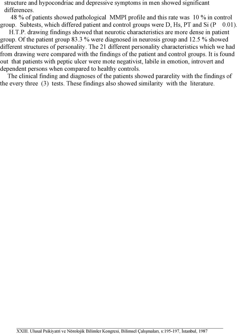 Of the patient group 83.3 % were diagnosed in neurosis group and 12.5 % showed different structures of personality.