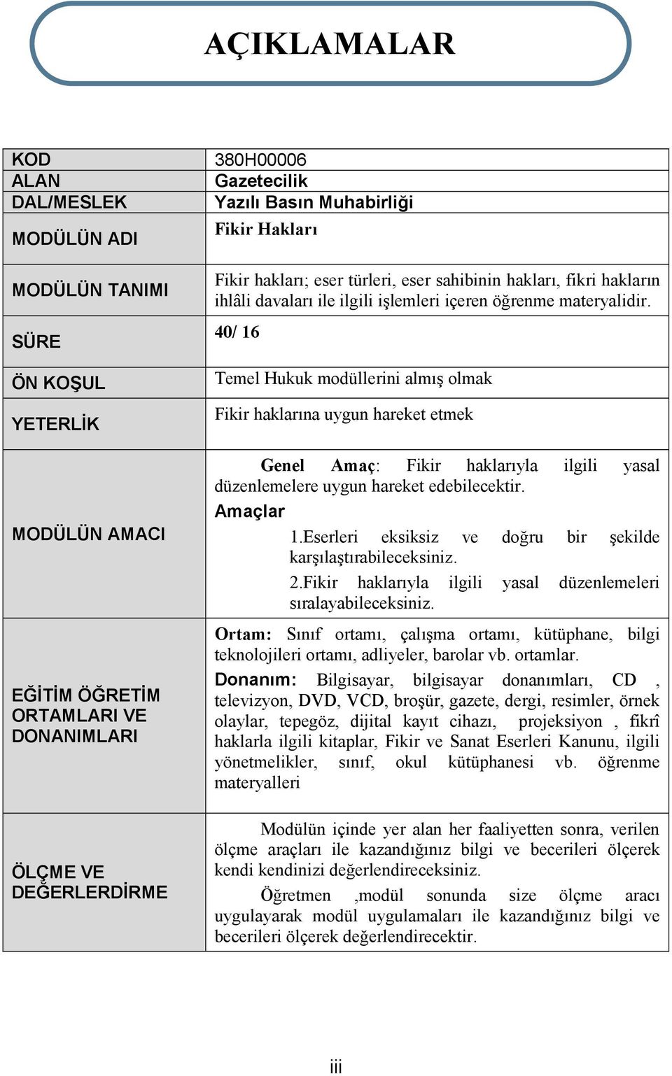 40/ 16 Temel Hukuk modüllerini almış olmak Fikir haklarına uygun hareket etmek Genel Amaç: Fikir haklarıyla ilgili yasal düzenlemelere uygun hareket edebilecektir. Amaçlar 1.