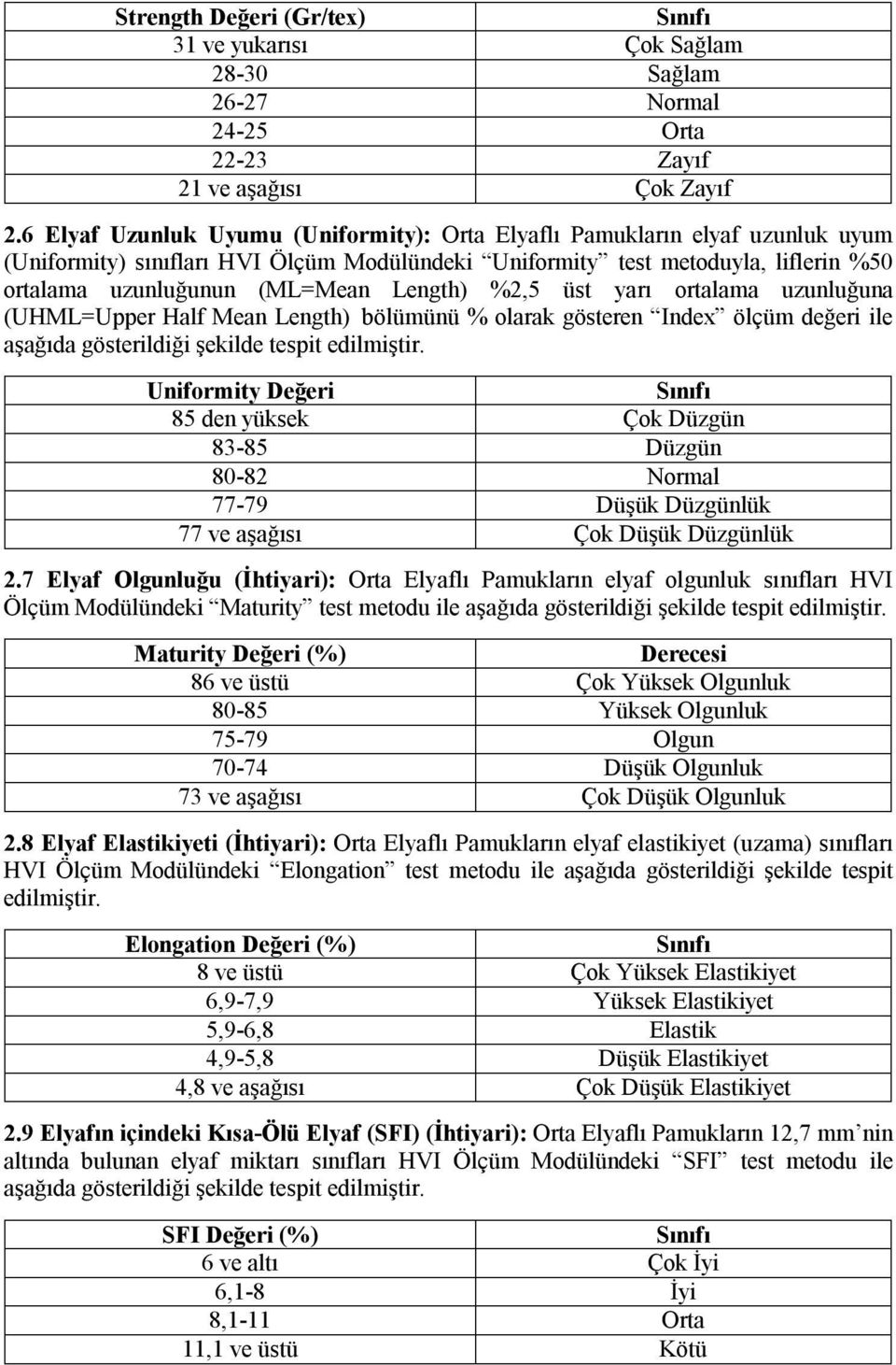 Length) %2,5 üst yarı ortalama uzunluğuna (UHML=Upper Half Mean Length) bölümünü % olarak gösteren Index ölçüm değeri ile aşağıda gösterildiği şekilde tespit edilmiştir.