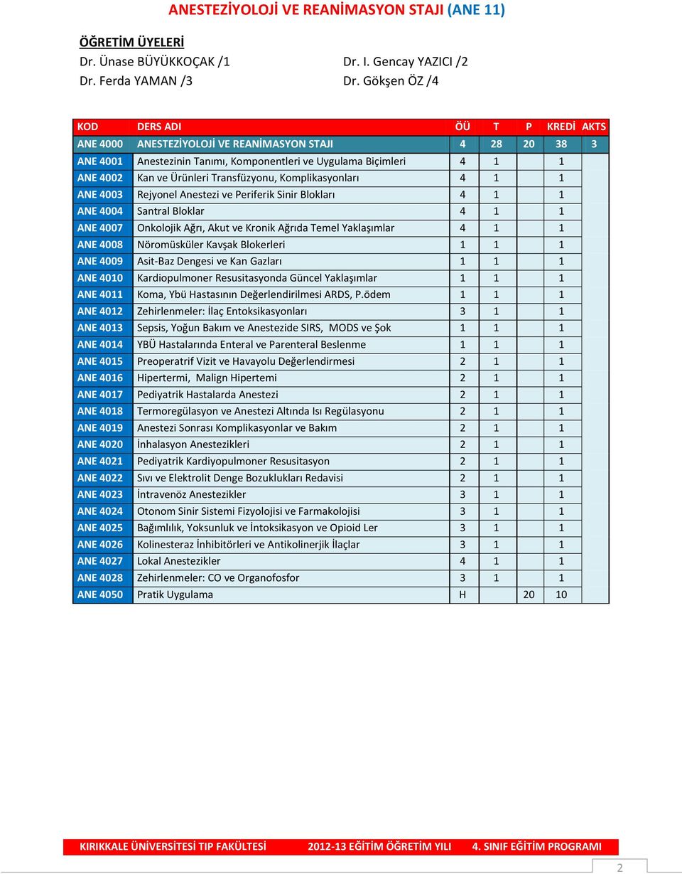 Transfüzyonu, Komplikasyonları 4 1 1 ANE 4003 Rejyonel Anestezi ve Periferik Sinir Blokları 4 1 1 ANE 4004 Santral Bloklar 4 1 1 ANE 4007 Onkolojik Ağrı, Akut ve Kronik Ağrıda Temel Yaklaşımlar 4 1 1