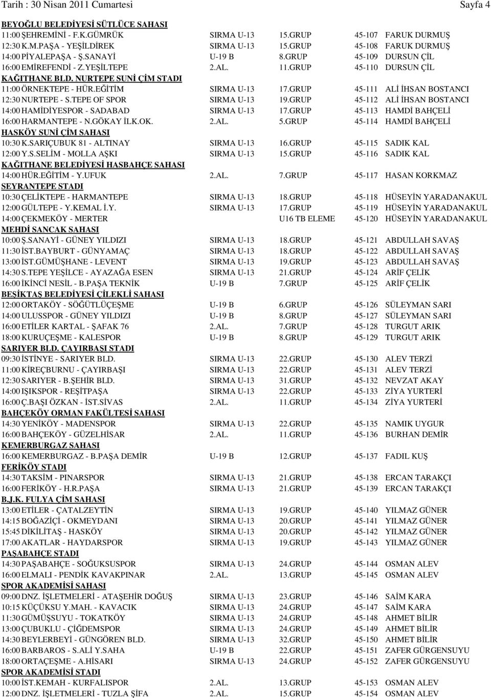 NURTEPE SUNİ ÇİM STADI 11:00 ÖRNEKTEPE - HÜR.EĞİTİM SIRMA U-13 17.GRUP 45-111 ALİ İHSAN BOSTANCI 12:30 NURTEPE - S.TEPE OF SPOR SIRMA U-13 19.