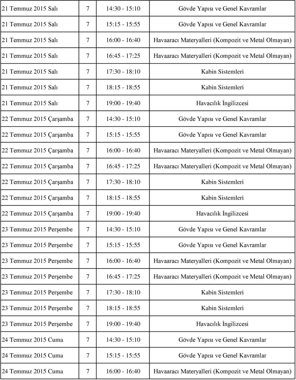 Sistemleri 21 Temmuz 2015 Salı 7 19:00-19:40 Havacılık İngilizcesi 22 Temmuz 2015 Çarşamba 7 14:30-15:10 Gövde Yapısı ve Genel Kavramlar 22 Temmuz 2015 Çarşamba 7 15:15-15:55 Gövde Yapısı ve Genel