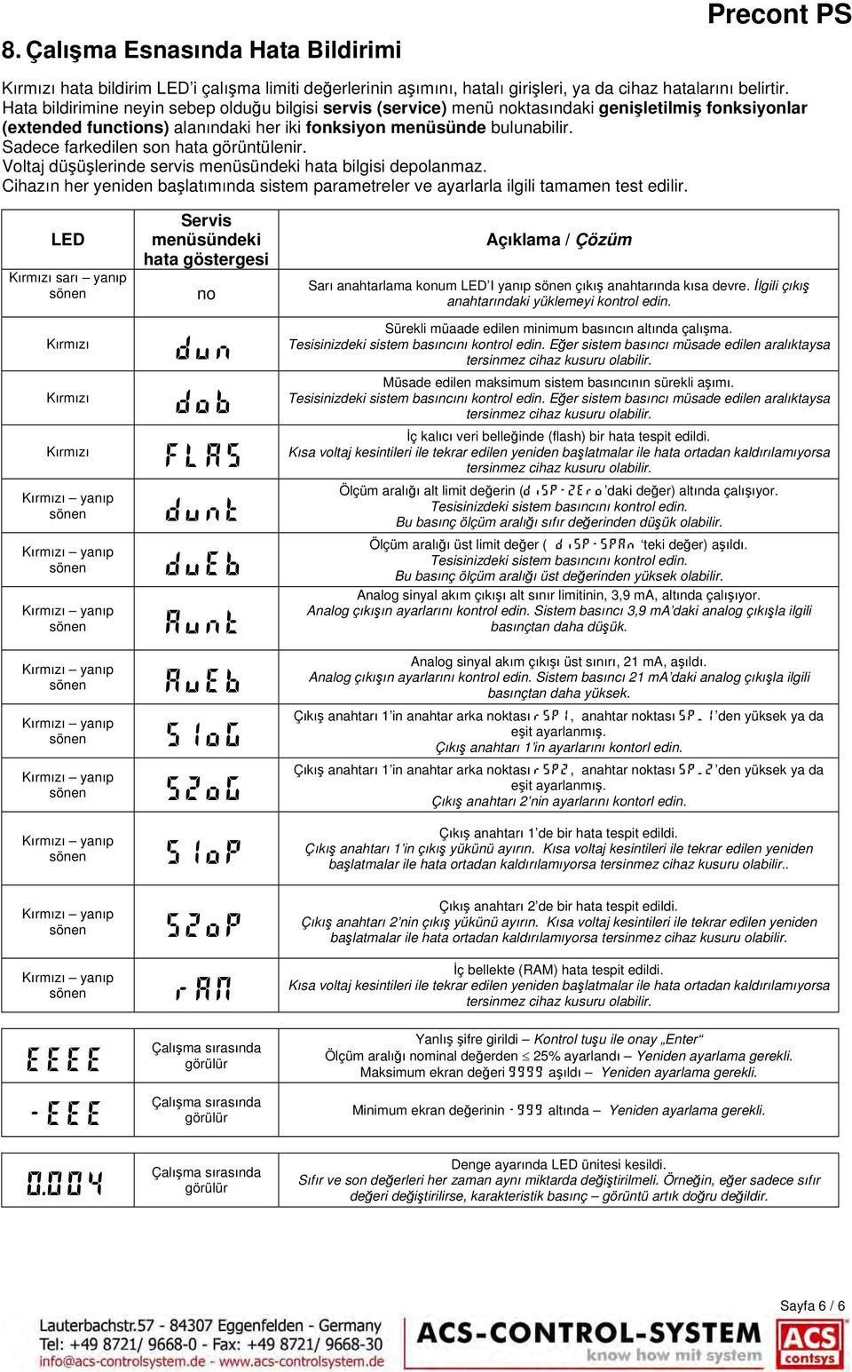 Sadece farkedilen son hata görüntülenir. Voltaj düşüşlerinde servis menüsündeki hata bilgisi depolanmaz. Cihazın her yeniden başlatımında sistem parametreler ve ayarlarla ilgili tamamen test edilir.