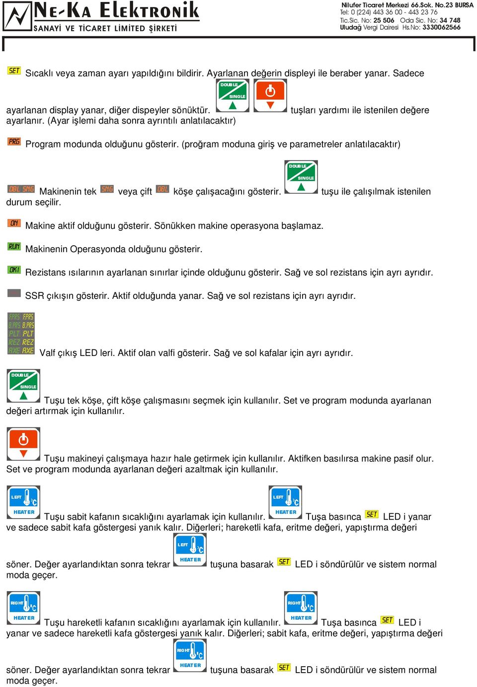 (proram moduna giri ve parametreler anlatılacaktır) Makinenin tek veya çift köe çalıacaını gösterir. durum seçilir. tuu ile çalıılmak istenilen Makine aktif olduunu gösterir.