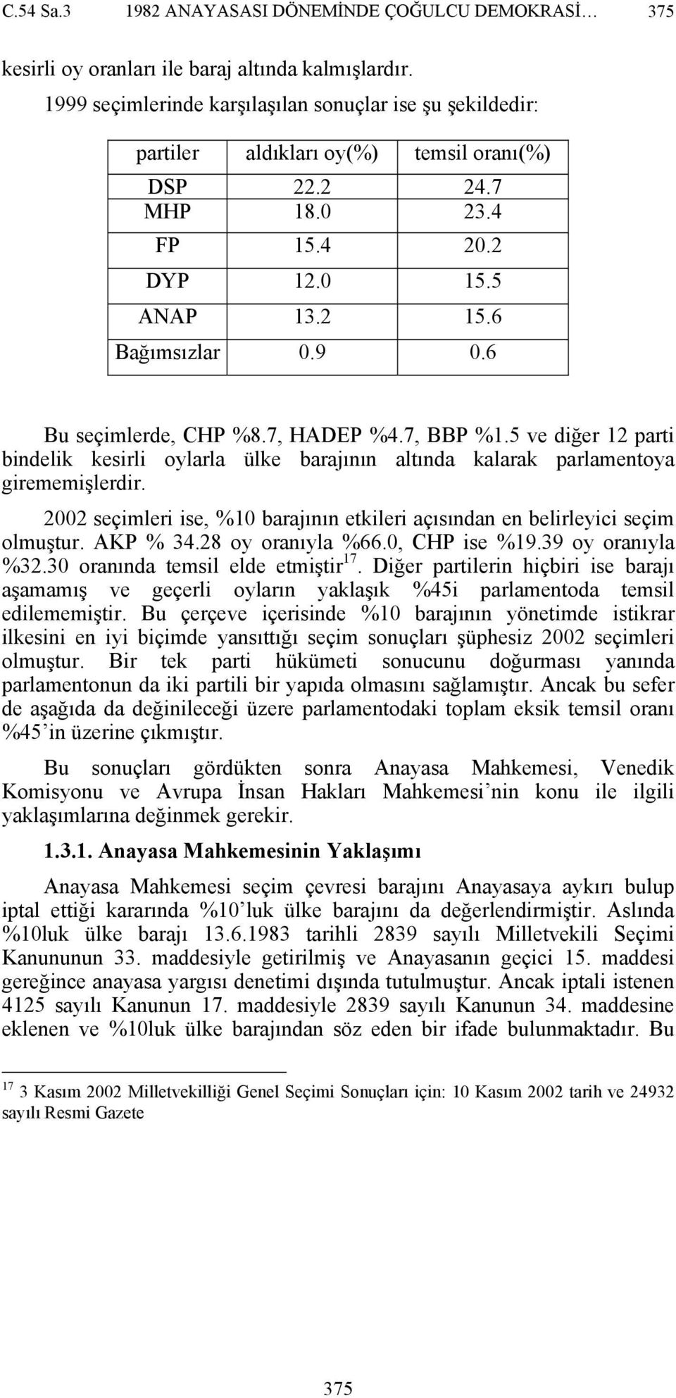 6 Bu seçimlerde, CHP %8.7, HADEP %4.7, BBP %1.5 ve diğer 12 parti bindelik kesirli oylarla ülke barajının altında kalarak parlamentoya girememişlerdir.
