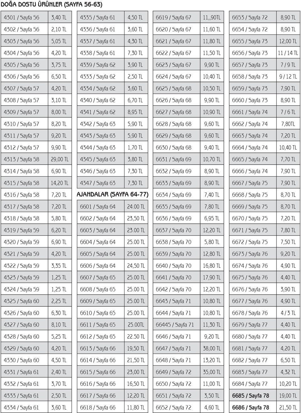 Sayfa 62 6623 / Sayfa 67 9,90 TL 6657 / Sayfa 73 7 / 9 TL 4306 / Sayfa 56 6,50 TL 4333 / Sayfa 62 2,50 TL 6624 / Sayfa 67 10,40 TL 6658 / Sayfa 73 9 / 12 TL 4307 / Sayfa 57 4334 / Sayfa 62 6625 /