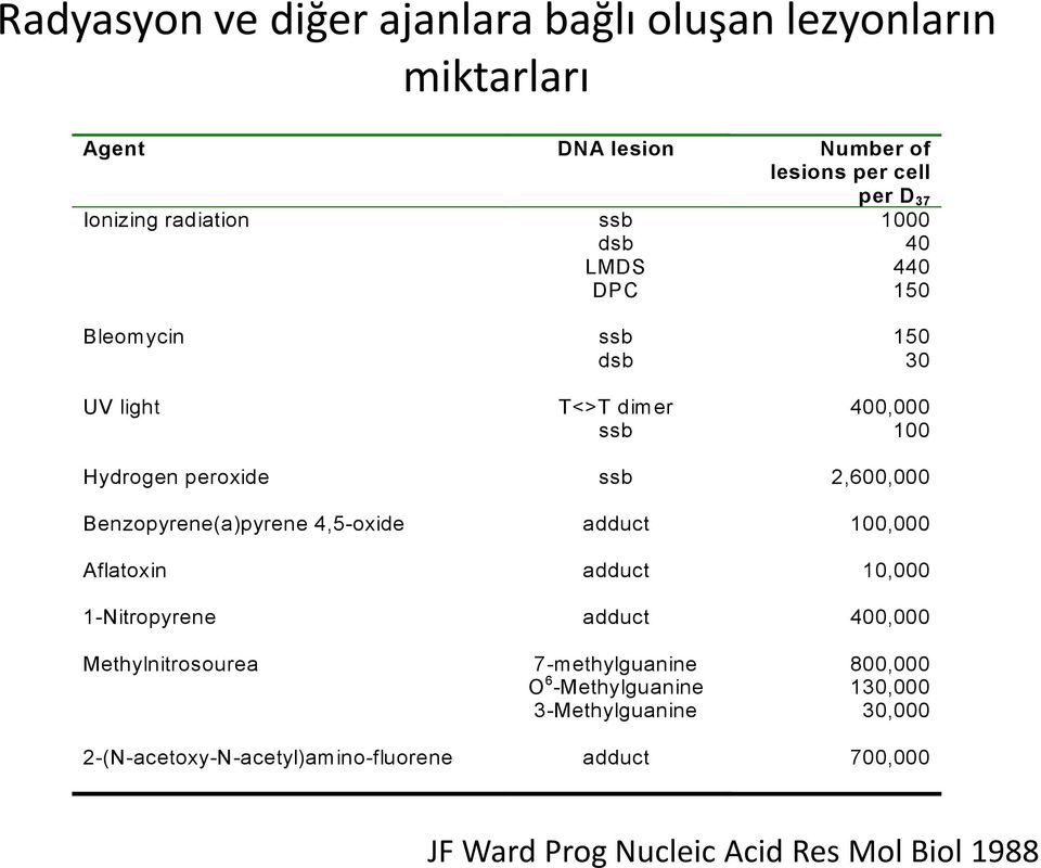 Benzopyrene(a)pyrene 4,5-oxide adduct 100,000 Aflatoxin adduct 10,000 1-Nitropyrene adduct 400,000 Methylnitrosourea 7-methylguanine