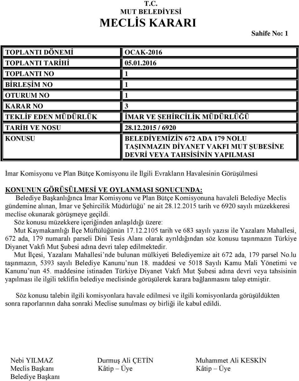 Evrakların Havalesinin Görüşülmesi Belediye Başkanlığınca İmar Komisyonu ve Plan Bütçe Komisyonuna havaleli Belediye Meclis gündemine alınan, İmar ve Şehircilik Müdürlüğü ne ait 28.12.