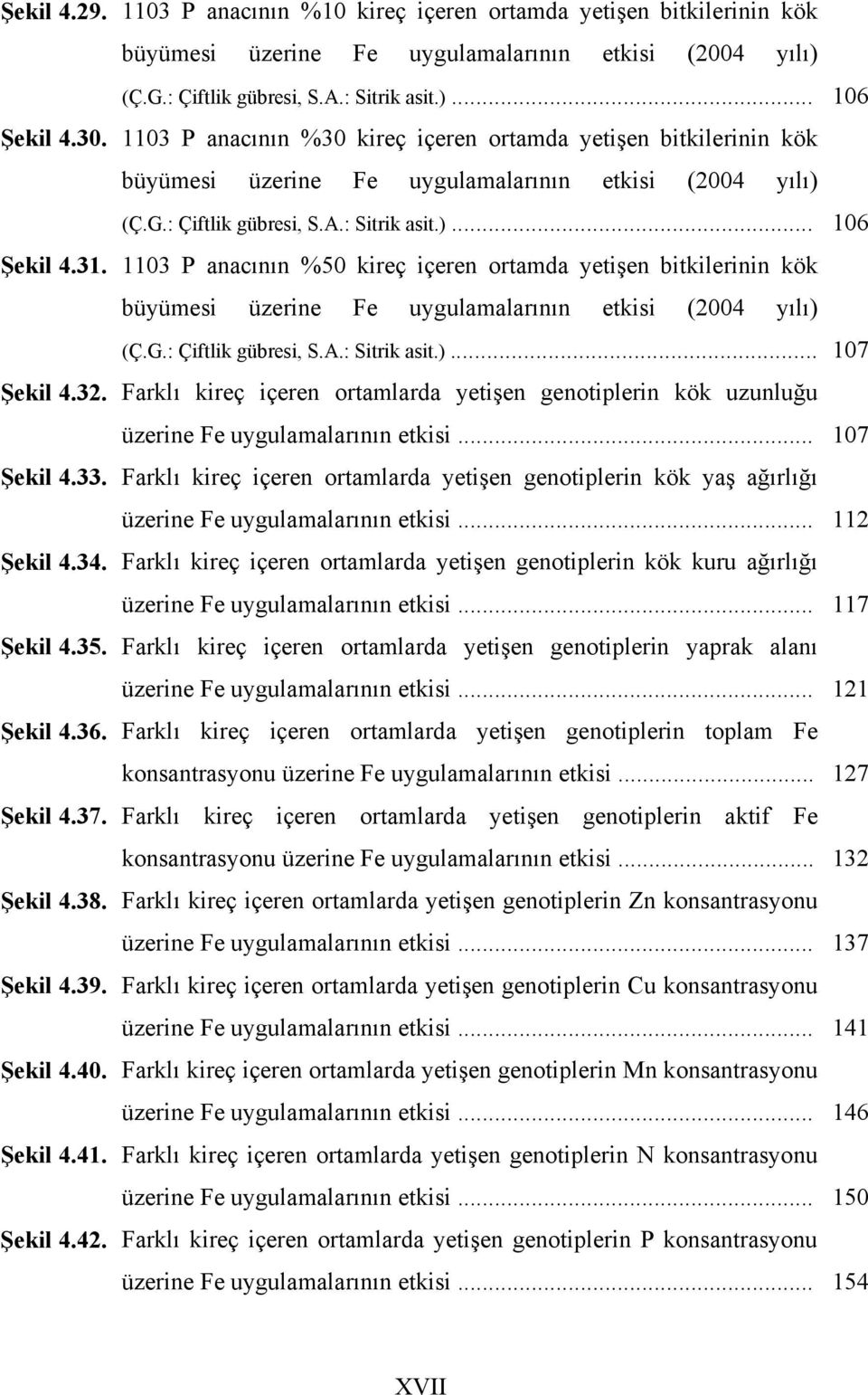 1103 P anacının %50 kireç içeren ortamda yetişen bitkilerinin kök büyümesi üzerine Fe uygulamalarının etkisi (2004 yılı) (Ç.G.: Çiftlik gübresi, S.A.: Sitrik asit.)... 107 Şekil 4.32.