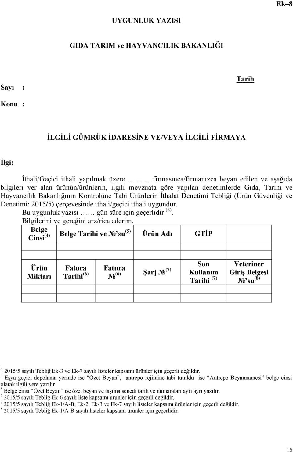 İthalat Denetimi Tebliği (Ürün Güvenliği ve Denetimi: 2015/5) çerçevesinde ithali/geçici ithali uygundur. Bu uygunluk yazısı gün süre için geçerlidir (3). Bilgilerini ve gereğini arz/rica ederim.