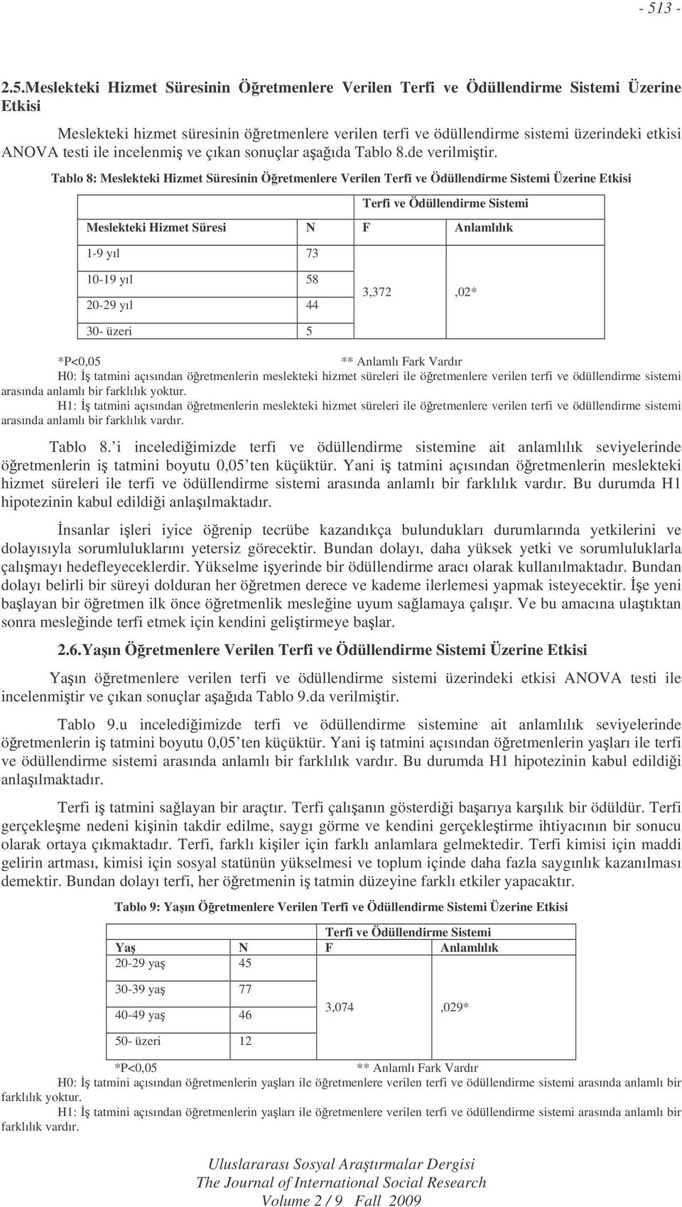 Tablo 8: Meslekteki Hizmet Süresinin Öretmenlere Verilen Terfi ve Ödüllendirme Sistemi Üzerine Etkisi Terfi ve Ödüllendirme Sistemi Meslekteki Hizmet Süresi N F Anlamlılık 1-9 yıl 73 10-19 yıl 58