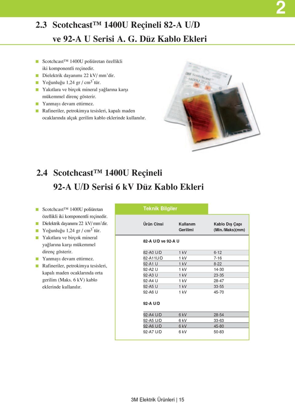 2.4 Scotchcast 1400U Reçineli 92-A U/D Serisi 6 kv Düz Kablo Ekleri Scotchcast 1400U poliüretan özellikli iki komponentli reçinedir. Dielektrik dayan m 22 kv/ mm dir. Yo unlu u 1,24 gr / cm 3 tür.